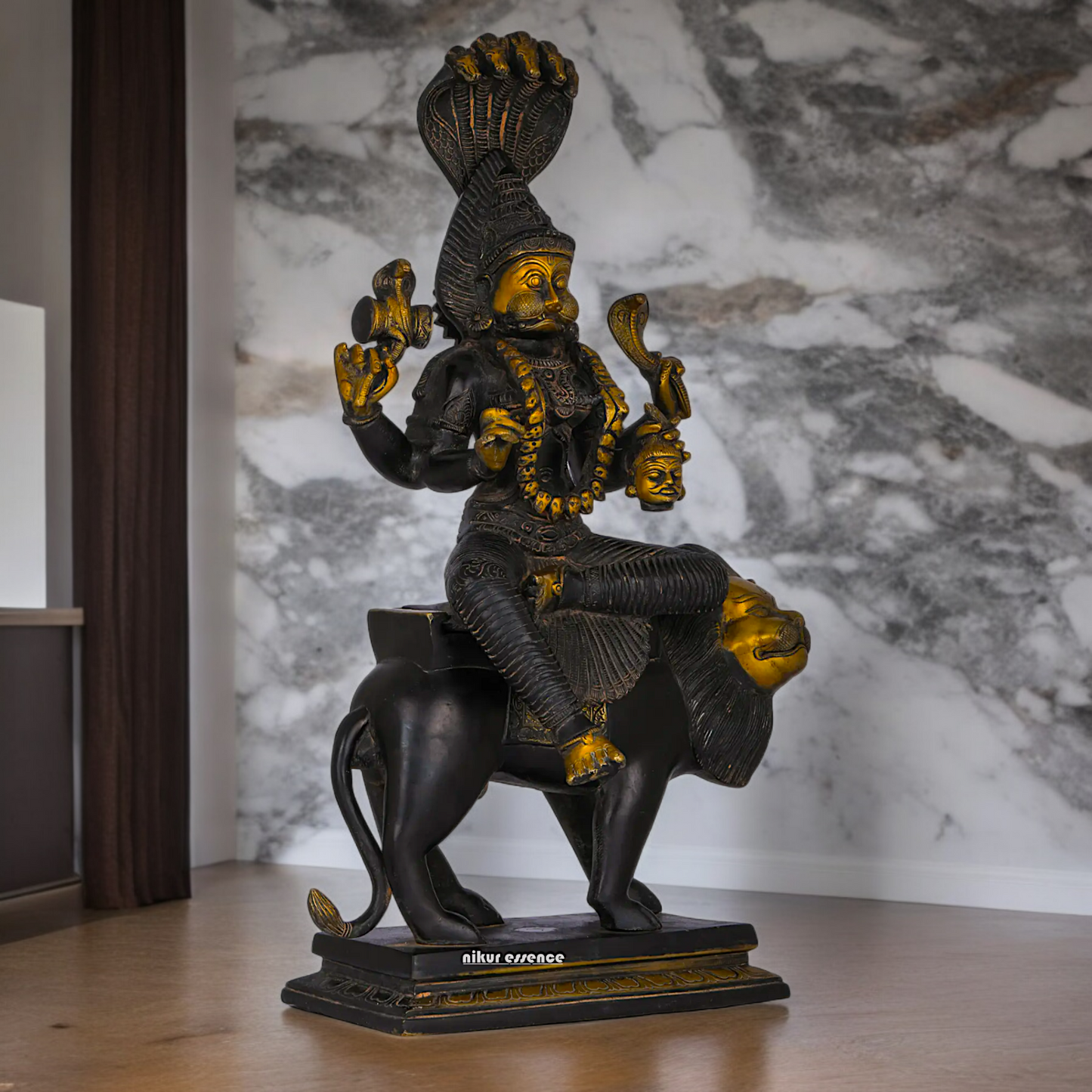 Superfine Brass Black Durga Maa Sitting on Lion with Sheshnag Idol - 19.094 inches