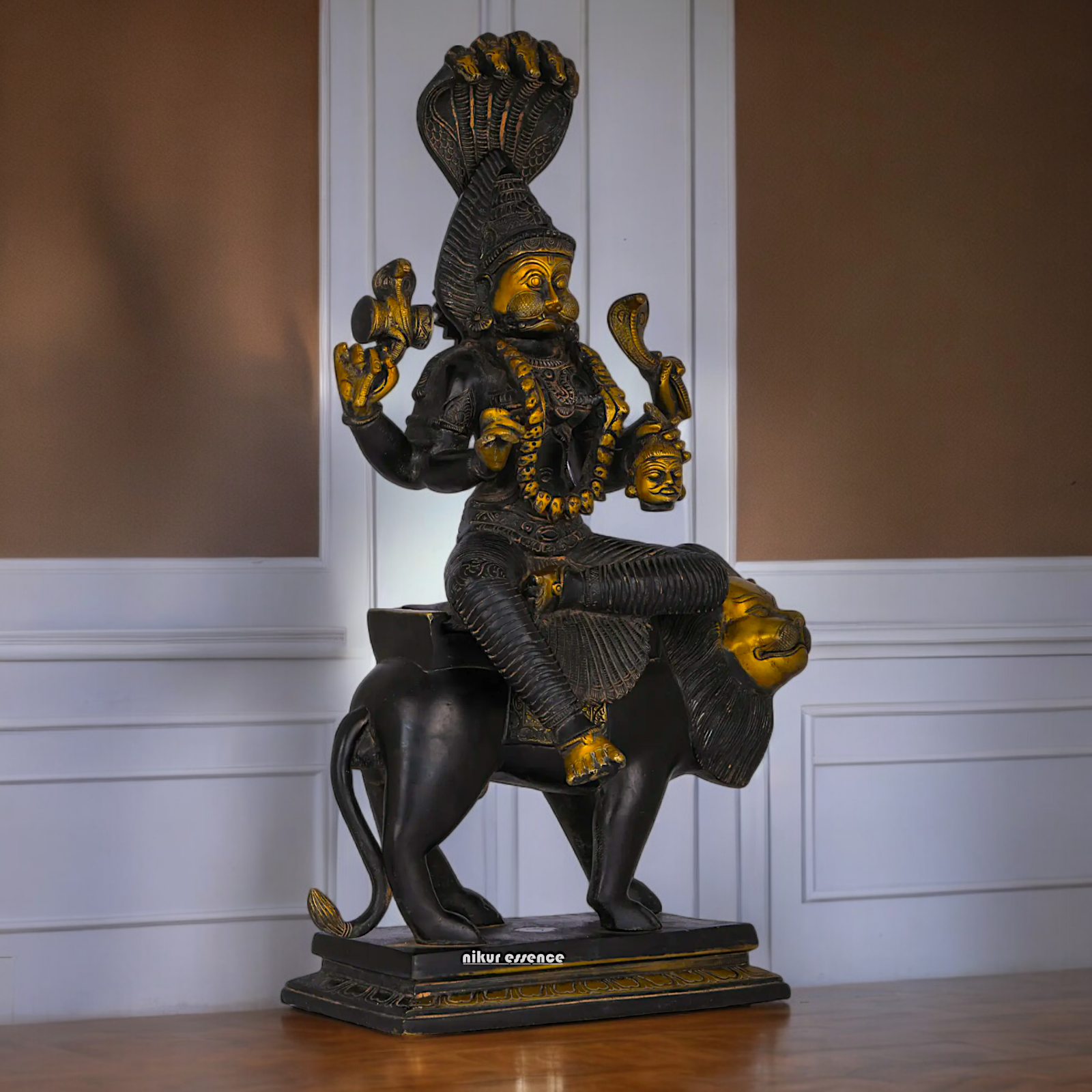 Superfine Brass Black Durga Maa Sitting on Lion with Sheshnag Idol - 19.094 inches