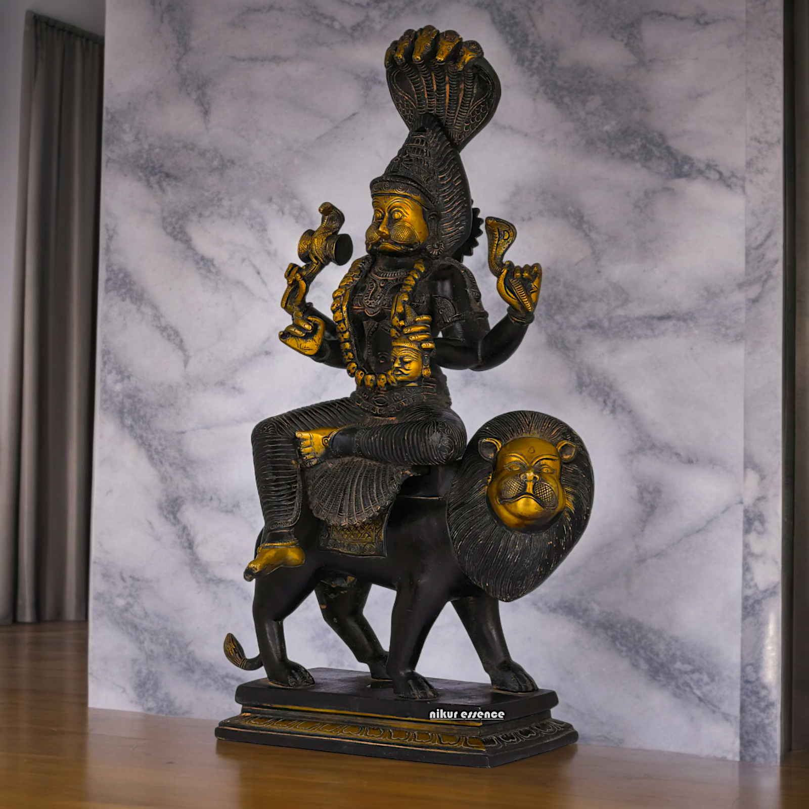 Superfine Brass Black Durga Maa Sitting on Lion with Sheshnag Idol - 19.094 inches