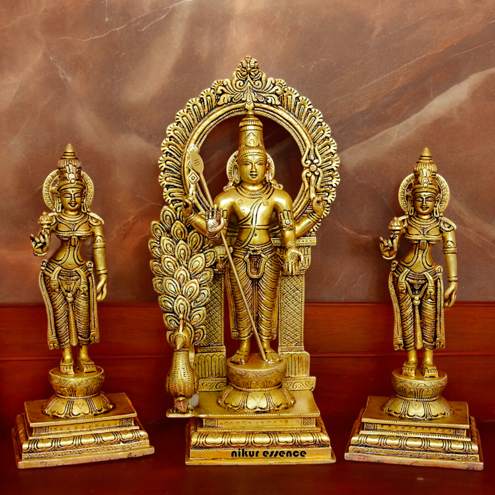 Solid Brass Lord Kartikeya Murugan Swamy with Devasena and Valli Idol Set - 16.5 inches