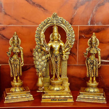 Solid Brass Lord Kartikeya Murugan Swamy with Devasena and Valli Idol Set - 16.5 inches