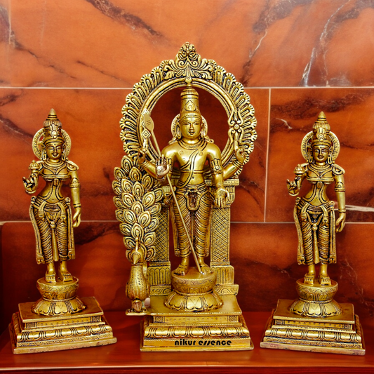 Solid Brass Lord Kartikeya Murugan Swamy with Devasena and Valli Idol Set - 16.5 inches