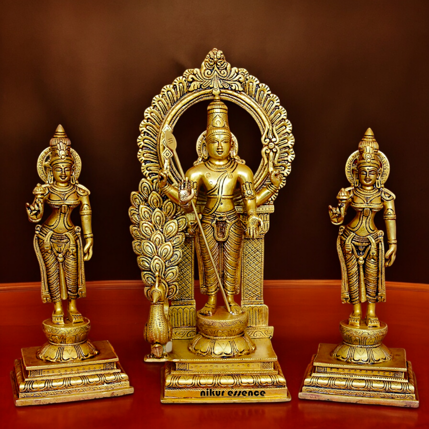 Solid Brass Lord Kartikeya Murugan Swamy with Devasena and Valli Idol Set - 16.5 inches