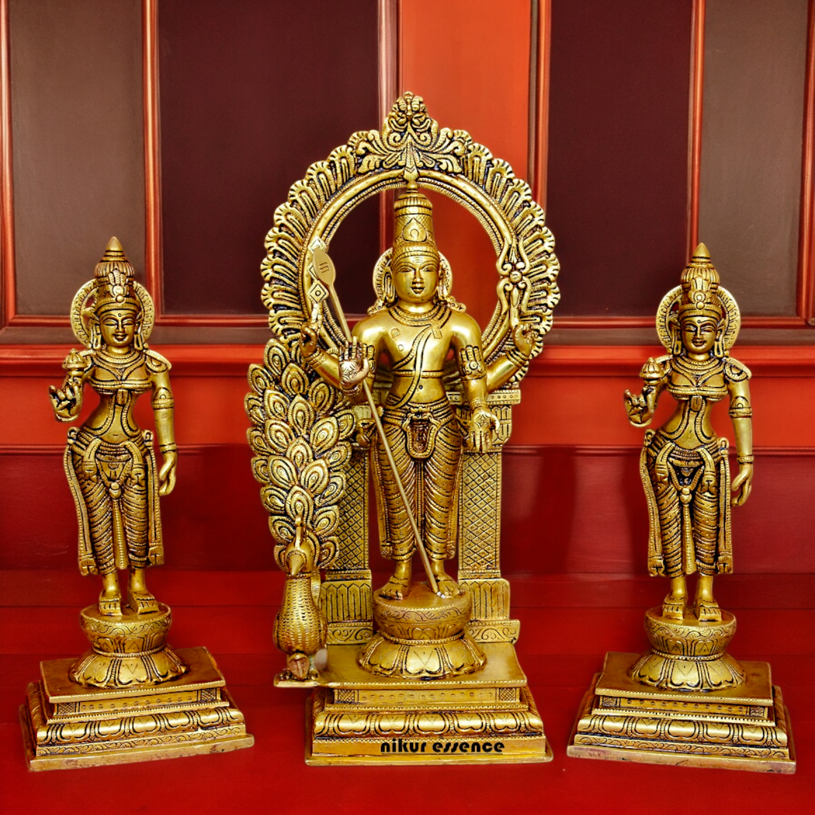 Solid Brass Lord Kartikeya Murugan Swamy with Devasena and Valli Idol Set - 16.5 inches