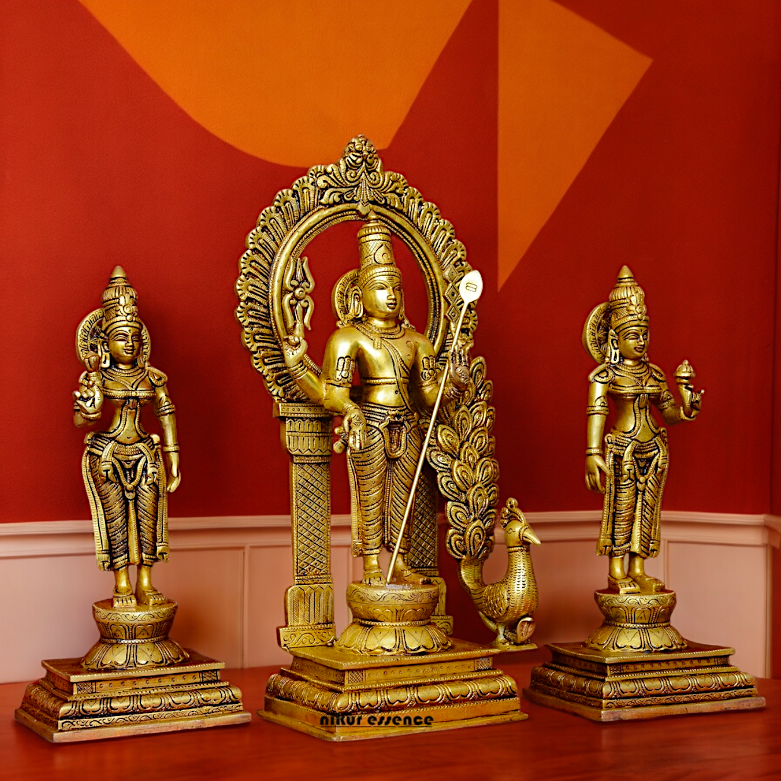 Solid Brass Lord Kartikeya Murugan Swamy with Devasena and Valli Idol Set - 16.5 inches