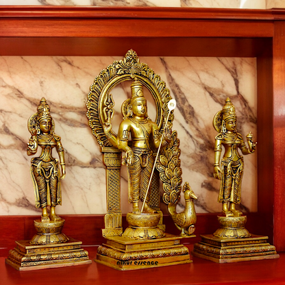 Solid Brass Lord Kartikeya Murugan Swamy with Devasena and Valli Idol Set - 16.5 inches