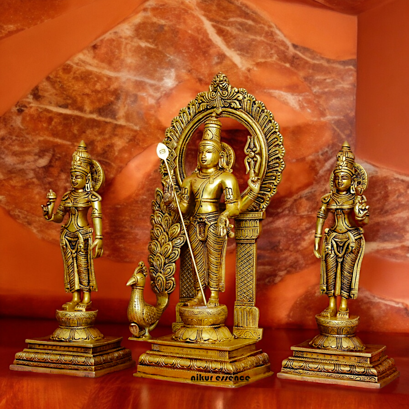 Solid Brass Lord Kartikeya Murugan Swamy with Devasena and Valli Idol Set - 16.5 inches