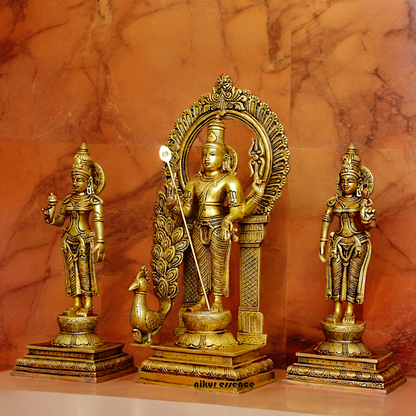 Solid Brass Lord Kartikeya Murugan Swamy with Devasena and Valli Idol Set - 16.5 inches