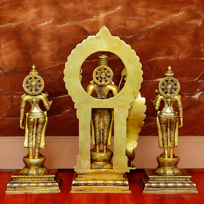 Solid Brass Lord Kartikeya Murugan Swamy with Devasena and Valli Idol Set - 16.5 inches