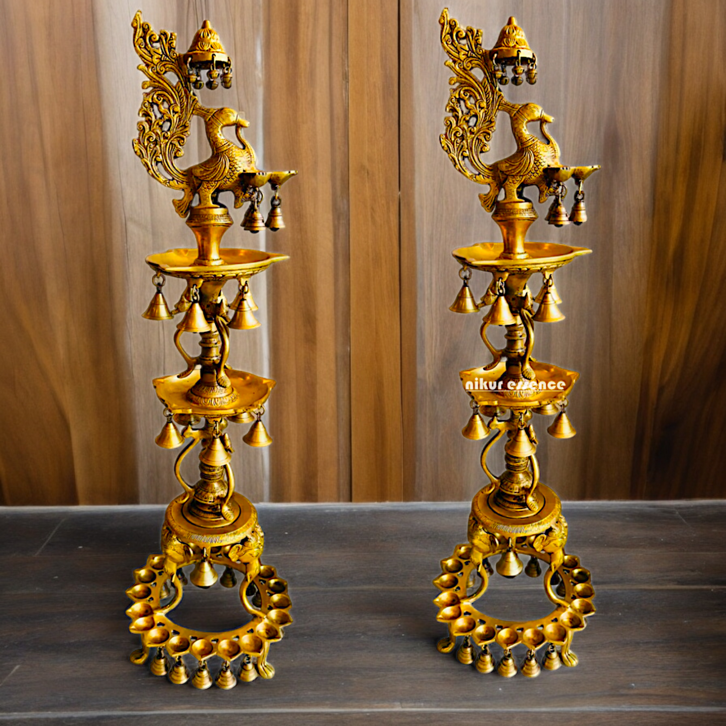 Solid Brass Pair Peacock Diya Lamp set with Bells- 41 inches