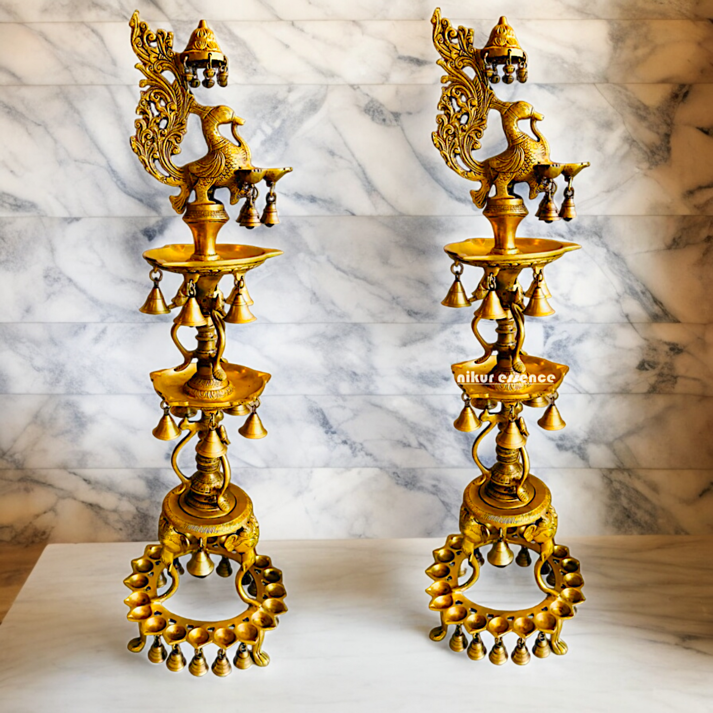 Solid Brass Pair Peacock Diya Lamp set with Bells- 41 inches