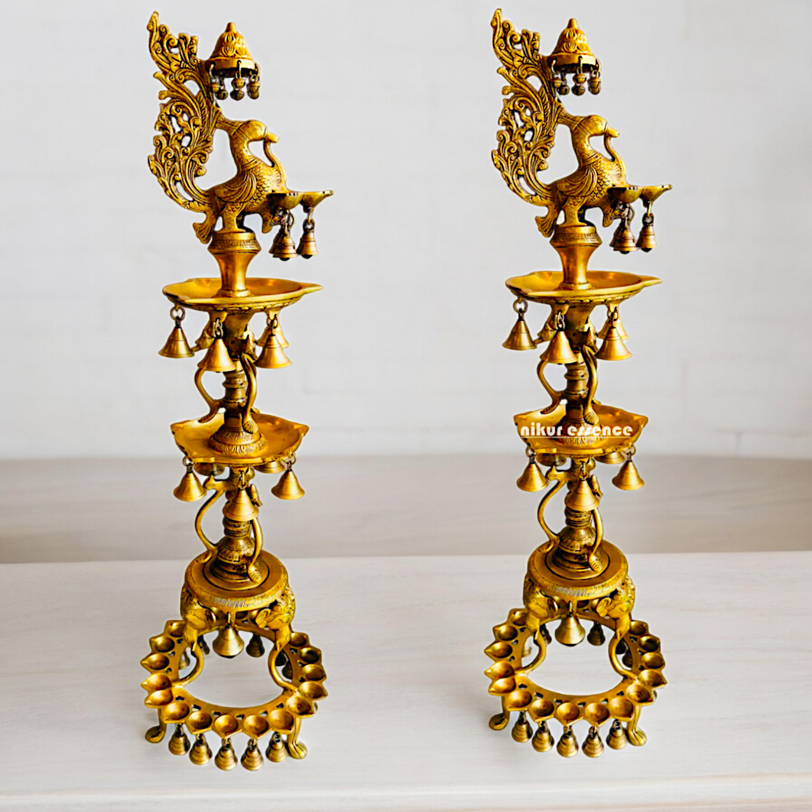 Solid Brass Pair Peacock Diya Lamp set with Bells- 41 inches