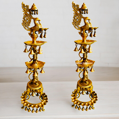 Solid Brass Pair Peacock Diya Lamp set with Bells- 41 inches