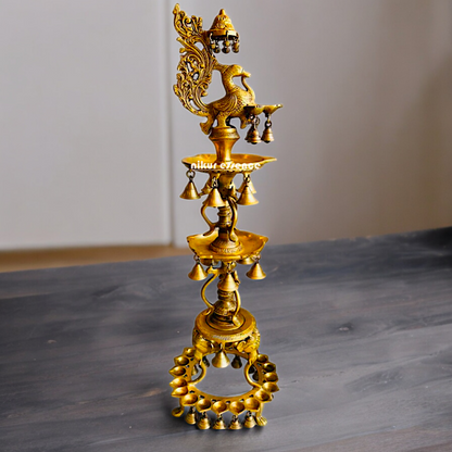 Solid Brass Pair Peacock Diya Lamp set with Bells- 41 inches