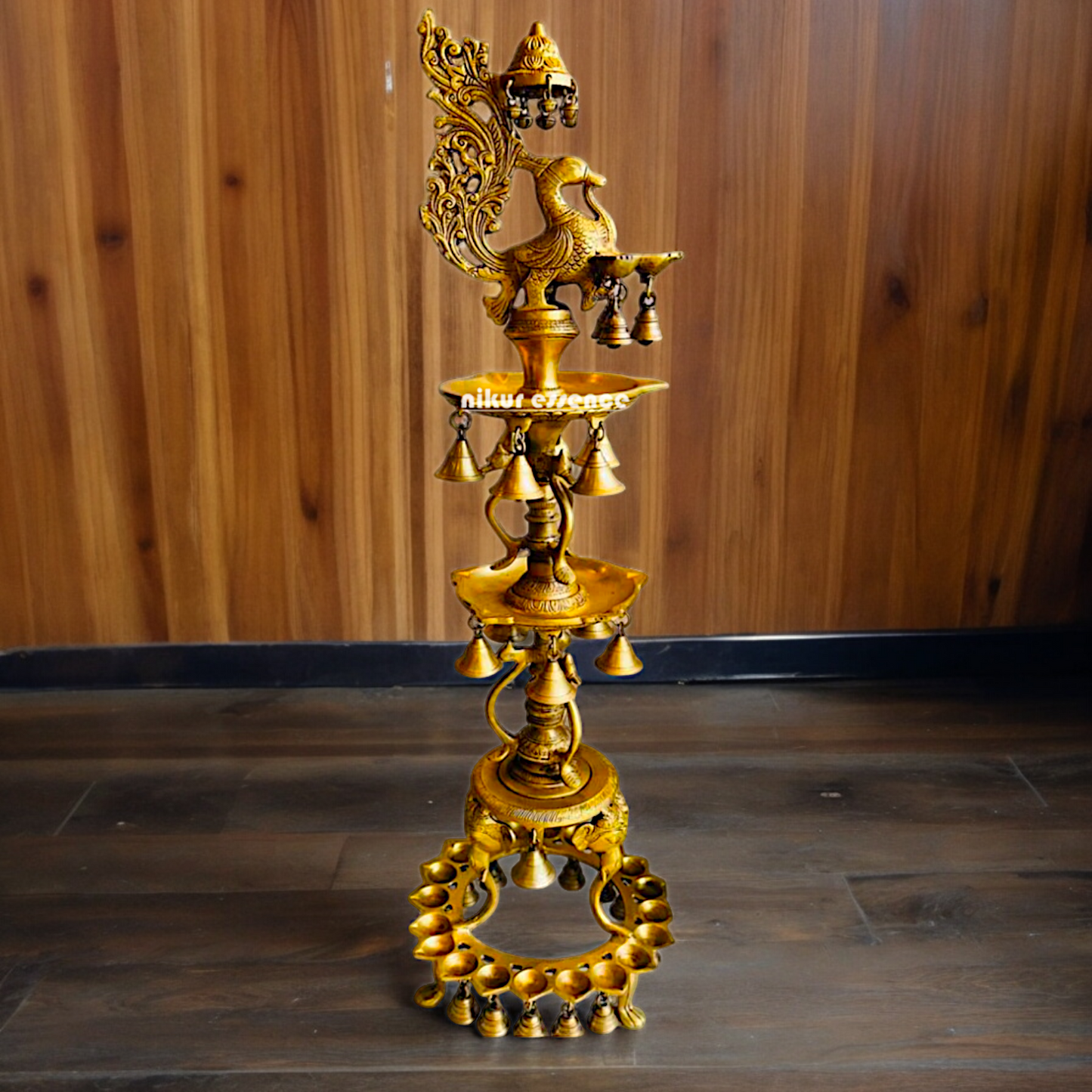 Solid Brass Pair Peacock Diya Lamp set with Bells- 41 inches