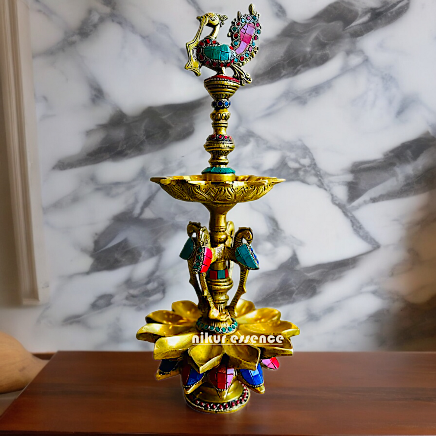 Shop Brass Peacock Diya with Stone Work - 19 inches