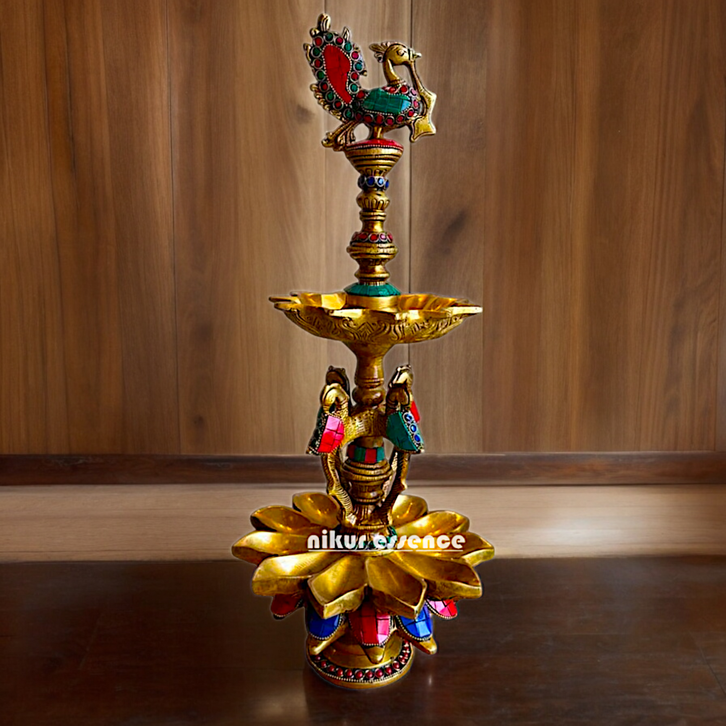 Shop Brass Peacock Diya with Stone Work - 19 inches