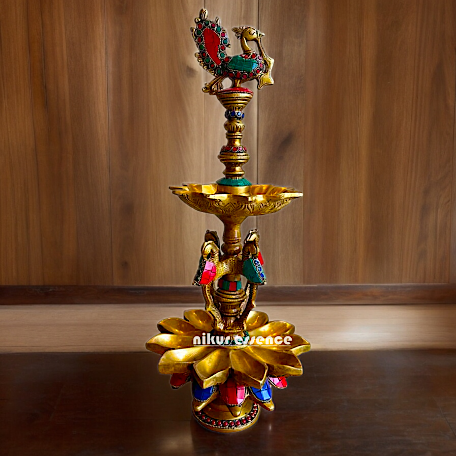 Shop Brass Peacock Diya with Stone Work - 19 inches