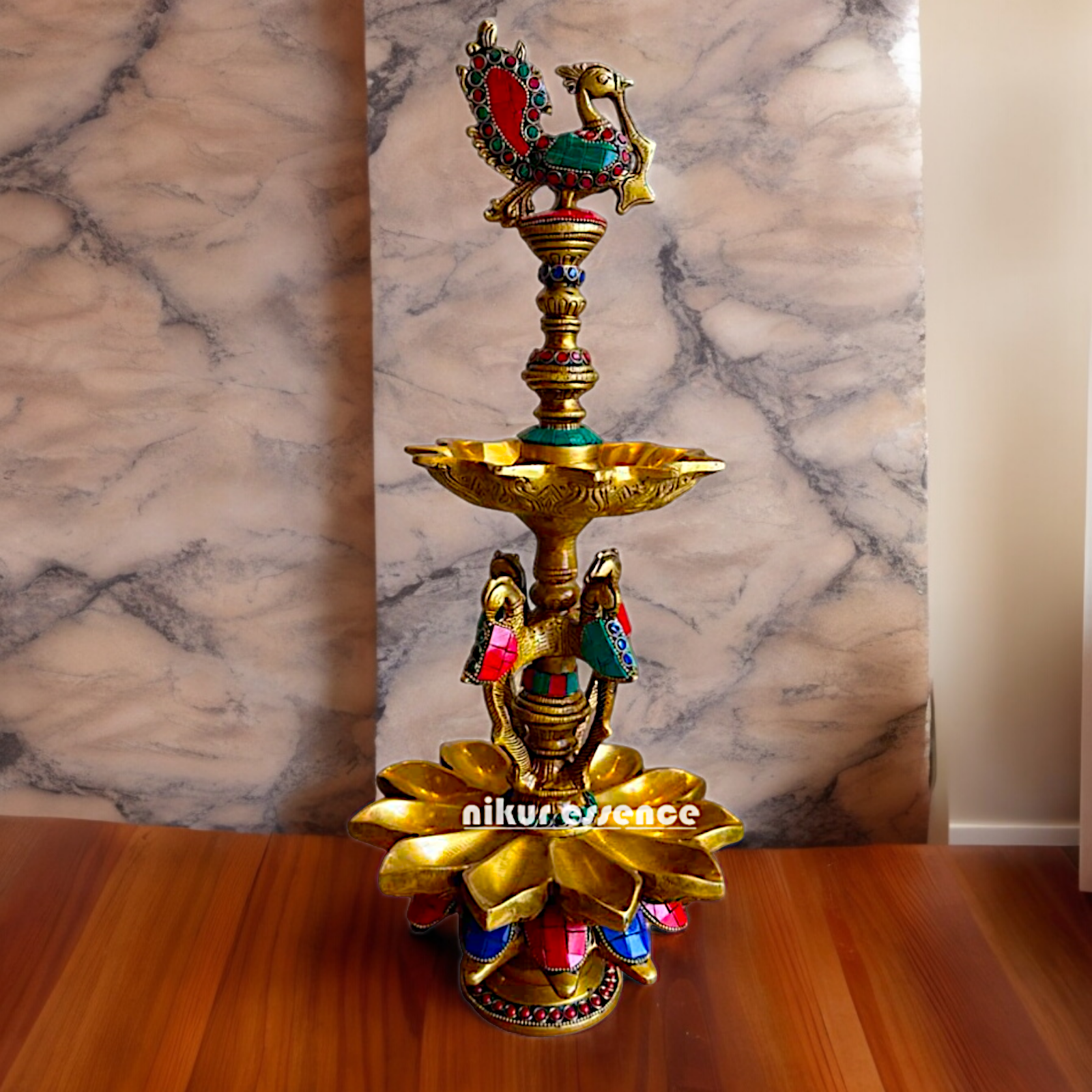 Shop Brass Peacock Diya with Stone Work - 19 inches