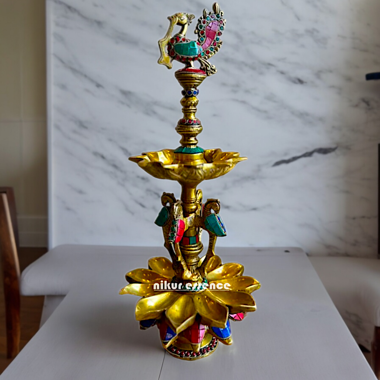 Shop Brass Peacock Diya with Stone Work - 19 inches