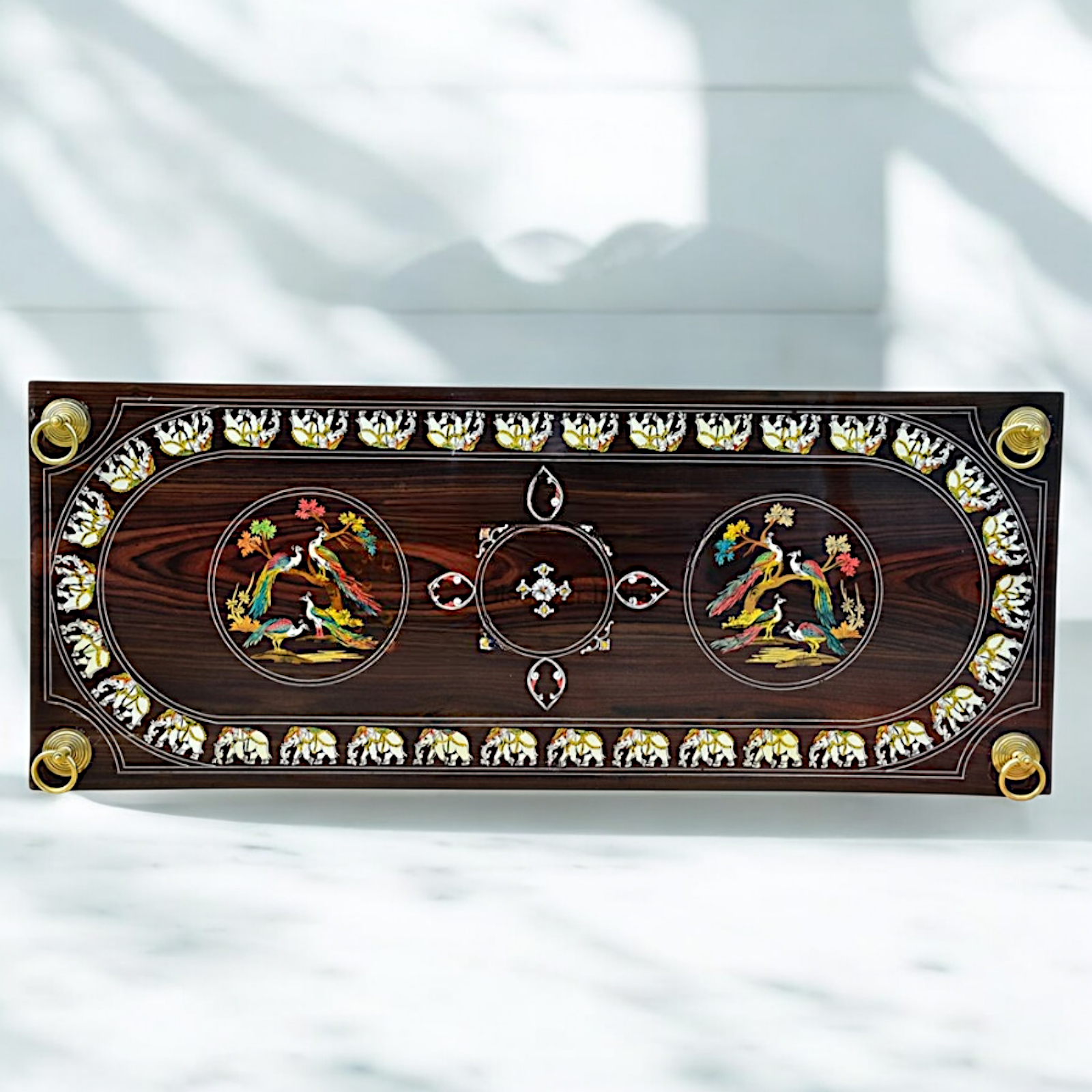 Handcrafted Rosewood Oonjal (Jhula/Swing) – 5ft Traditional Wooden Swing with 7ft Brass Chains & Intricate Peacock & Elephant Inlay | Available Worldwide Nikuressence