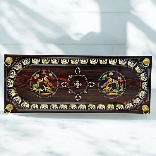 Handcrafted Rosewood Oonjal (Jhula/Swing) – 5ft Traditional Wooden Swing with 7ft Brass Chains & Intricate Peacock & Elephant Inlay | Available Worldwide Nikuressence