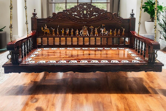 Handcrafted Rosewood Oonjal (Jhula/Swing) – 5ft Traditional Wooden Swing with 7ft Brass Chains & Royal Procession Inlay | Available Worldwide – USA, Canada, Europe, Asia, Oceania, Africa & South America Nikuressence
