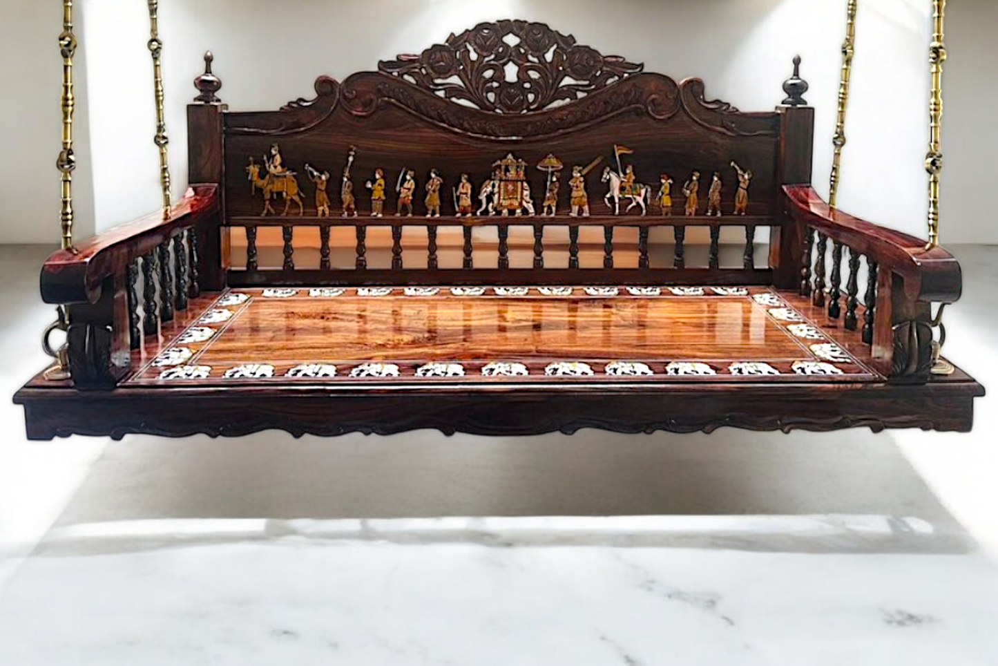 Handcrafted Carved Solid Rosewood Oonjal | 5ft Stylish Wooden Swing (60” x 24” x 24”) with 7ft Brass Chains & Royal Procession Inlay Nikuressence