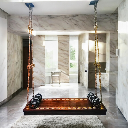 Indian Rosewood Oonjal (Jhula/Swing) – 5ft Traditional Wooden Swing with 7ft Brass Chains & Elegant Inlay Work | Available Worldwide Nikuressence