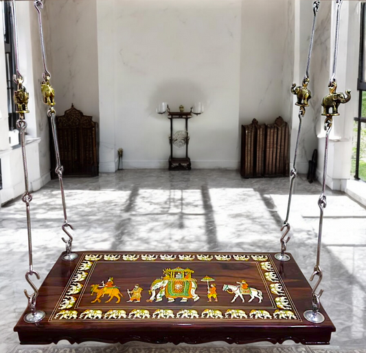 Handcrafted Rosewood Jhoola – 5ft Traditional Wooden Swing with 7ft Brass Chains & Royal Procession Inlay | Now Available in the USA, UK & Australia Nikuressence