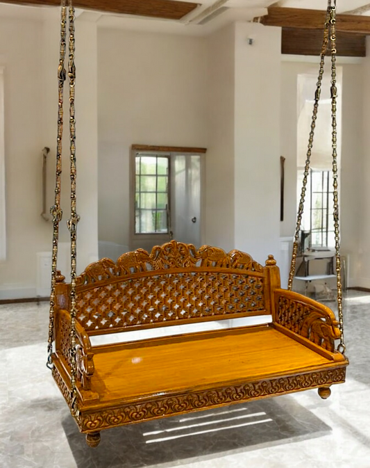 Handcrafted Teakwood Jhula – 4ft Traditional Wooden Swing with 7 feet Brass Chains with Elephant & Peacock Motifs-Nikur Essence Nikuressence