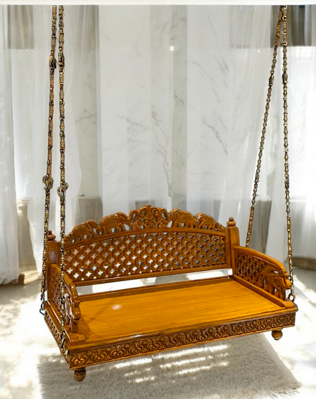 Handcrafted Teakwood Jhula – 4ft Traditional Wooden Swing with 7 feet Brass Chains with Elephant & Peacock Motifs-Nikur Essence Nikuressence