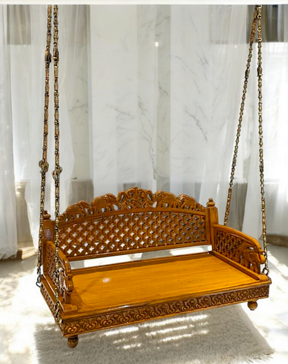 Handcrafted Teakwood Jhula – 4ft Traditional Wooden Swing with 7 feet Brass Chains with Elephant & Peacock Motifs-Nikur Essence Nikuressence