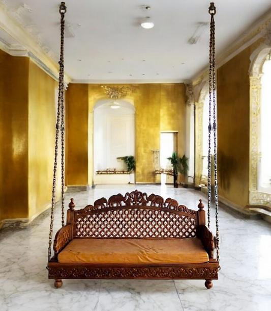 Handcrafted Sagwaan (Teakwood) Swing – 4ft Wooden Jhula with Elephant Carvings & Jaali Work for Home & Balcony Nikuressence