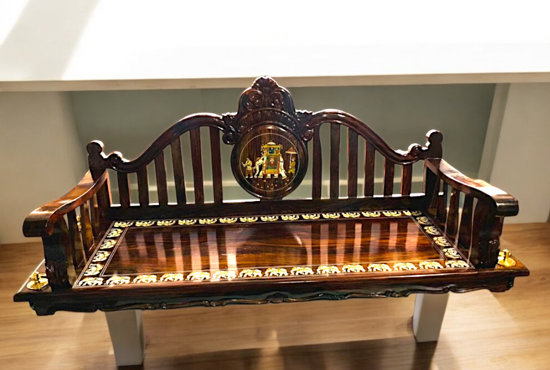 Exquisite Handcrafted Carved Solid Rosewood Oonjal | 5ft Stylish Wooden Swing with 7ft Brass Chains & Royal Procession Inlay Nikuressence