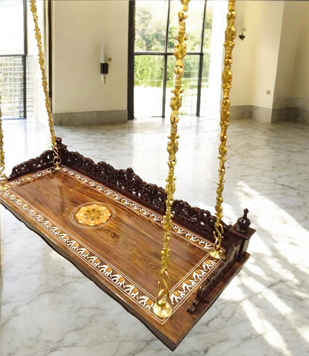 Handcrafted Carved Solid Rosewood Oonjal | 5ft Stylish Wooden Swing (60” x 24” x 6”) with Exquisite Rangoli Inlay & Artistic Carvings Nikuressence