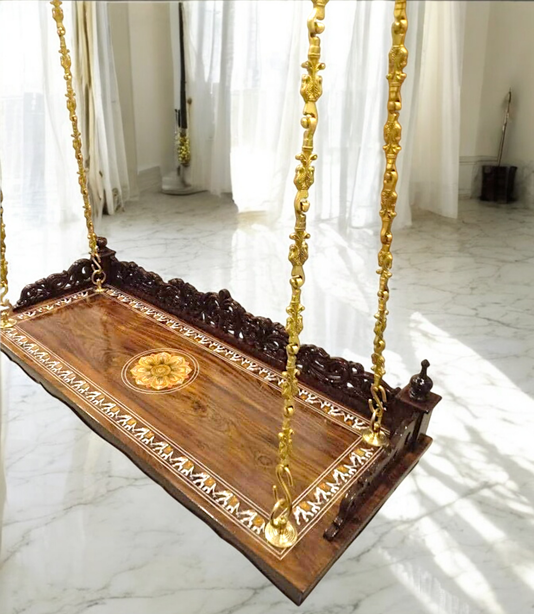 Handcrafted Carved Solid Rosewood Oonjal | 5ft Stylish Wooden Swing (60” x 24” x 6”) with Exquisite Rangoli Inlay & Artistic Carvings Nikuressence