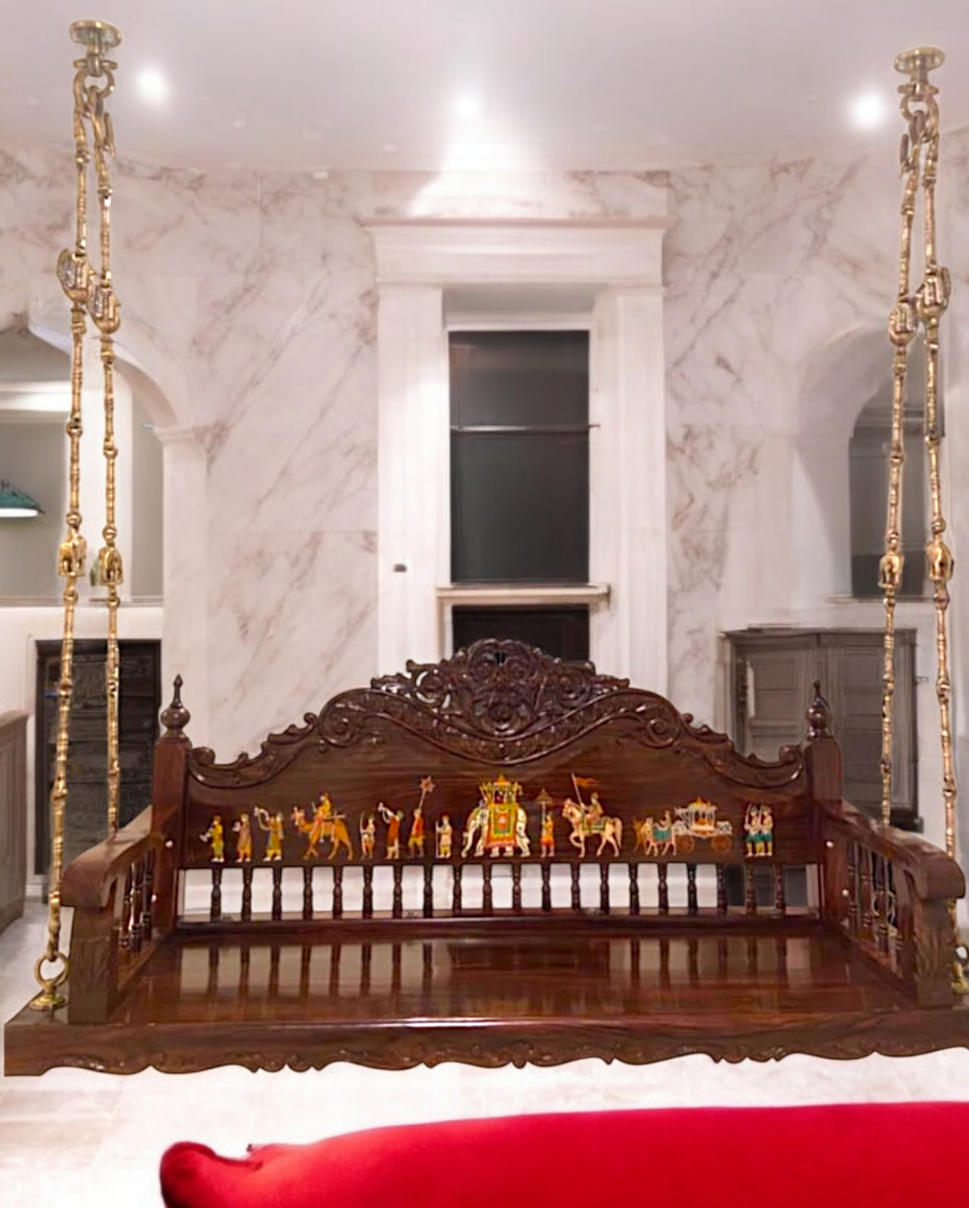 Luxury Handcrafted Wooden Oonjal (Jhula/Swing) – 5ft Royal Swing with 7ft Brass Chains & Intricate Inlay Design Nikuressence