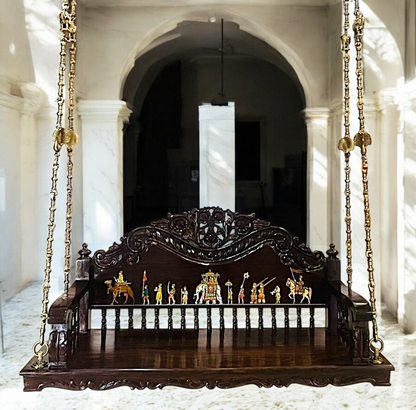 Handcrafted Wooden Oonjal (Jhula/Swing) – 5ft Royal Wooden Swing with Brass Chains & Traditional Inlay Work Nikuressence