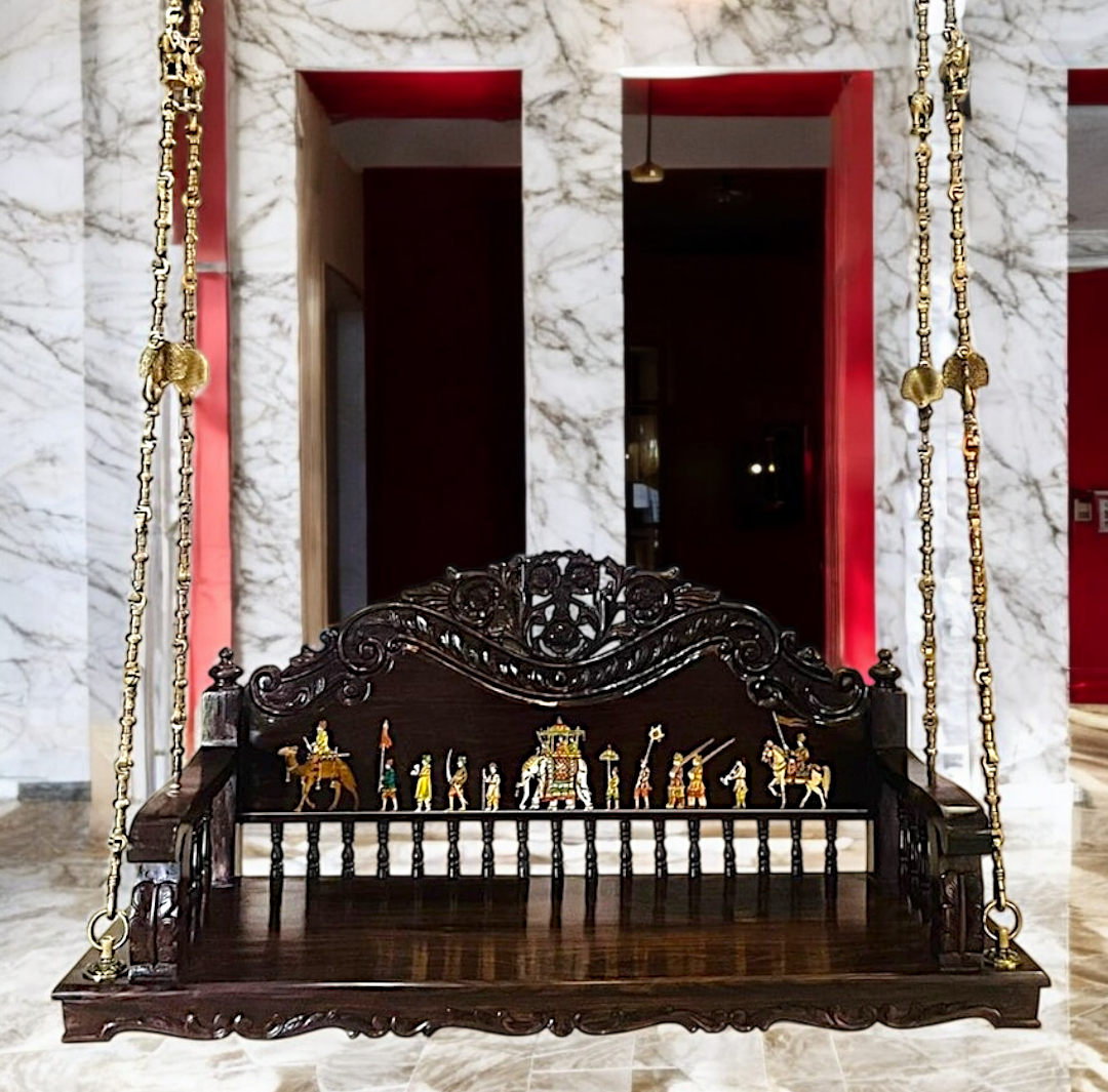Handcrafted Wooden Oonjal (Jhula/Swing) – 5ft Royal Wooden Swing with Brass Chains & Traditional Inlay Work Nikuressence