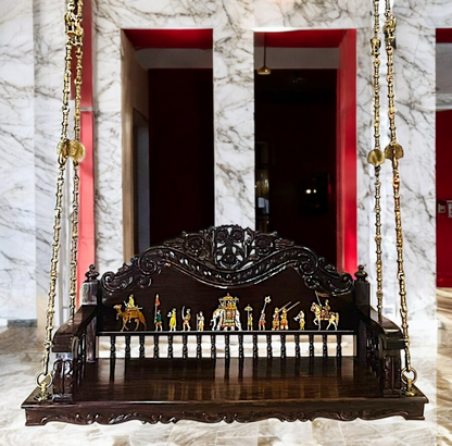 Handcrafted Wooden Oonjal (Jhula/Swing) – 5ft Royal Wooden Swing with Brass Chains & Traditional Inlay Work Nikuressence