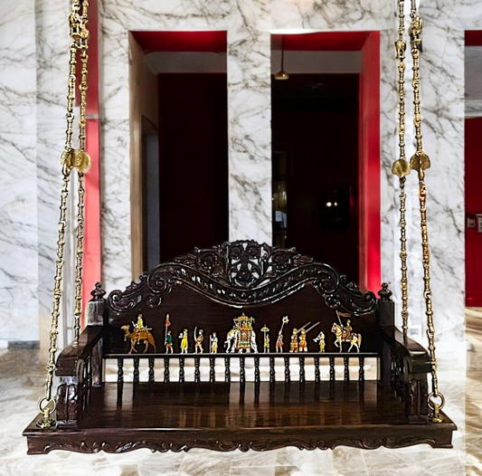 Handcrafted Wooden Oonjal (Jhula/Swing) – 5ft Royal Wooden Swing with Brass Chains & Traditional Inlay Work Nikuressence