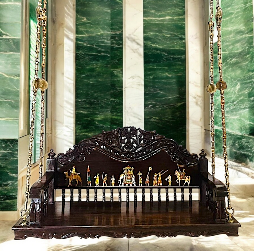 Handcrafted Wooden Oonjal (Jhula/Swing) – 5ft Royal Wooden Swing with Brass Chains & Traditional Inlay Work Nikuressence
