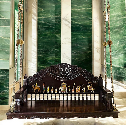 Handcrafted Wooden Oonjal (Jhula/Swing) – 5ft Royal Wooden Swing with Brass Chains & Traditional Inlay Work Nikuressence