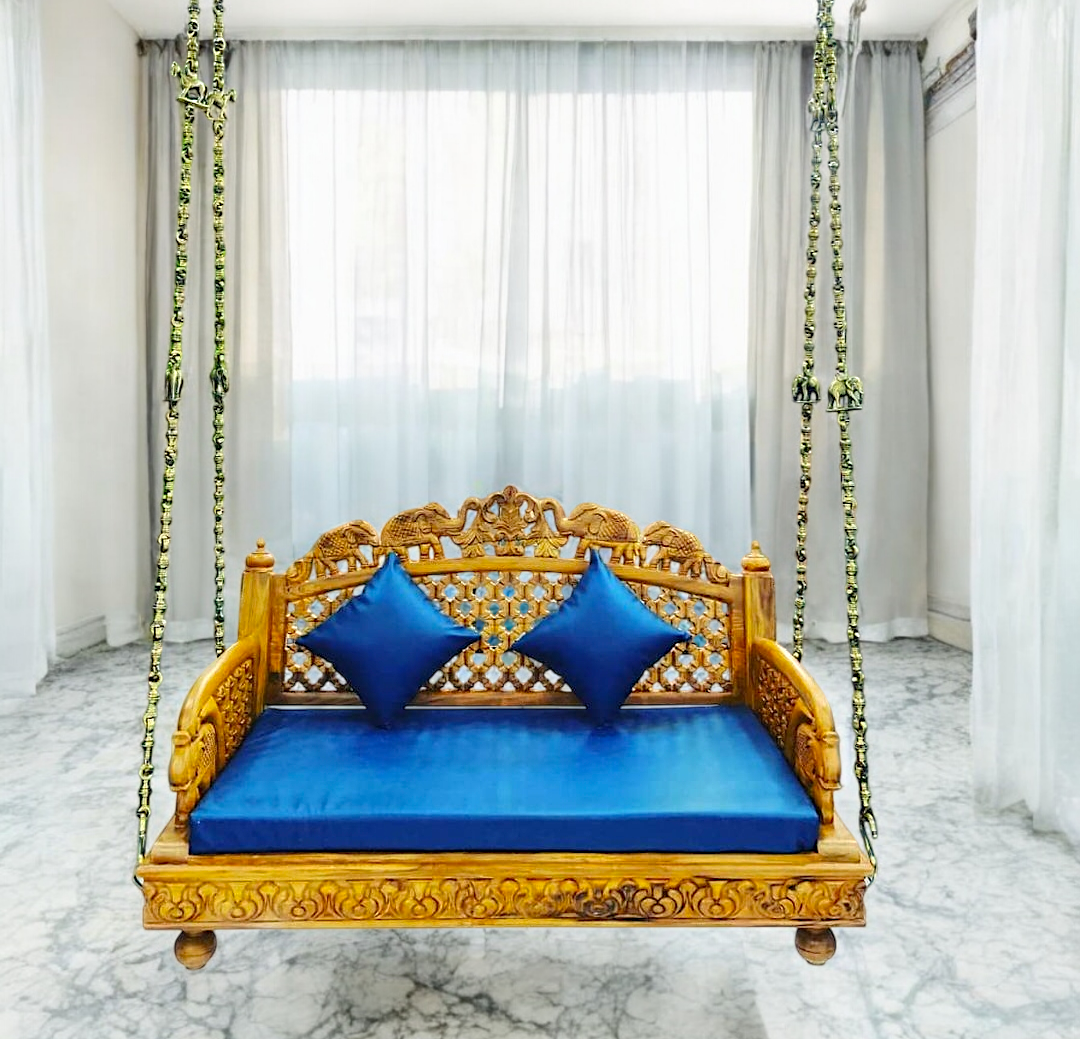 Premium Teak Wood Swing (Sagwan) – Handcrafted Wooden Jhula for Home & Balcony with Brass Chains, Elegant & Durable Design Nikuressence