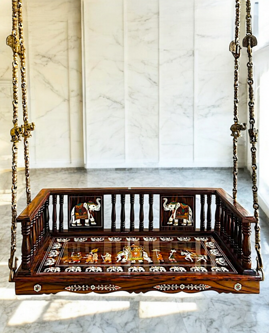 Nikur Essence Handcrafted Rosewood Swing Plank – 5ft Wooden Jhoola with 4 Brass Chains, Elephant & Peacock Carvings, Ceiling Hooks & Plank Joints Nikuressence