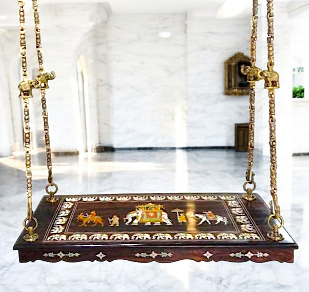 Handcrafted Rosewood Swing Plank – 4 feet Wooden Jhoola with 4 Solid Brass Chains & Ceiling Hooks | Luxury Oonjal for Home & Temple -Nikur Essence Nikuressence