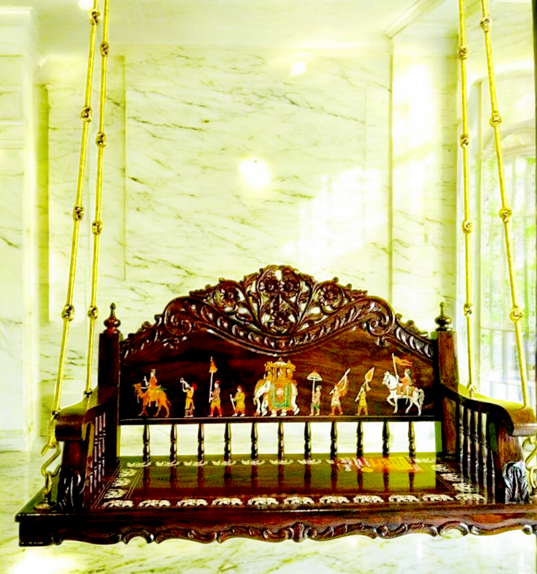 Handcrafted Rosewood Oonjal (Swing/Jhoola) with Solid Brass Chains & Ceiling Hooks- Nikur Essence Nikuressence