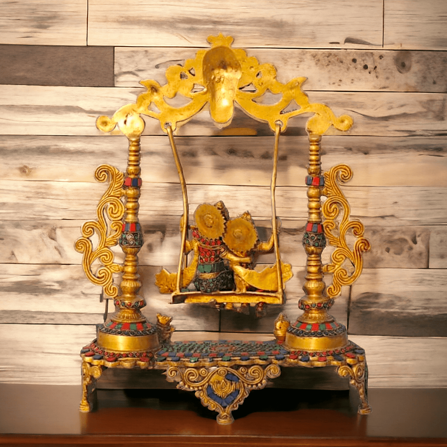 Brass Radha Krishna Jhula Stone God Idol Statue for Home Decor, Pooja Room, and Gifts