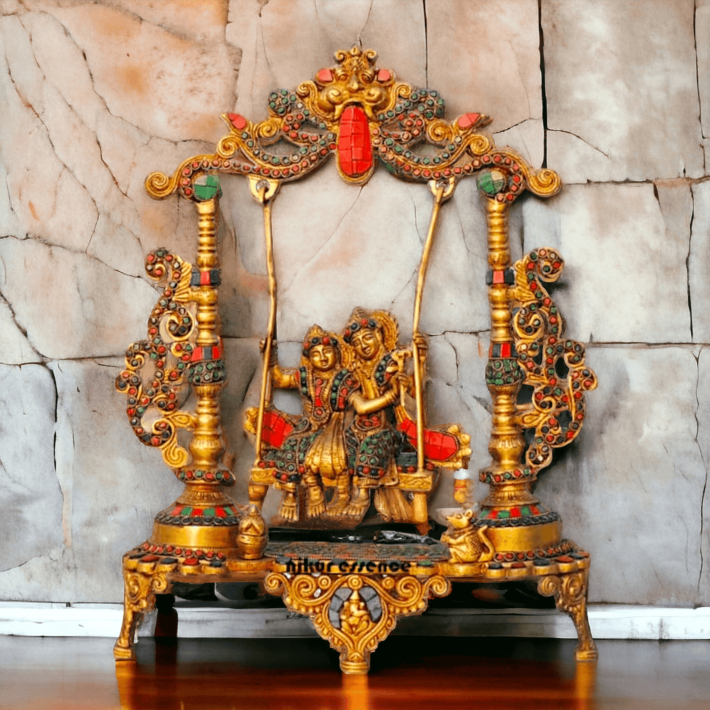 Brass Radha Krishna Jhula Stone God Idol Statue for Home Decor, Pooja Room, and Gifts